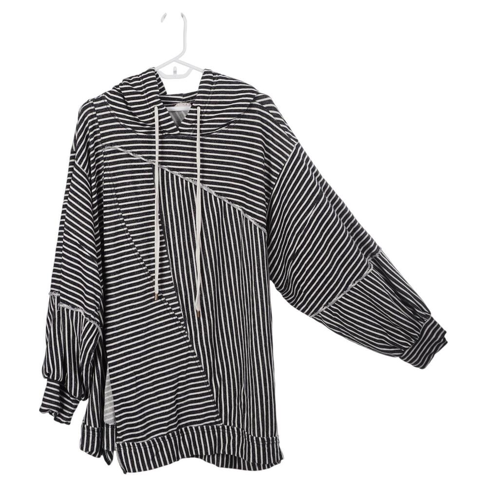 Pilcro Patchwork Sweatshirt 1X Black Cotton Stripe Hooded Pullover Anthropologie - Picture 4 of 8